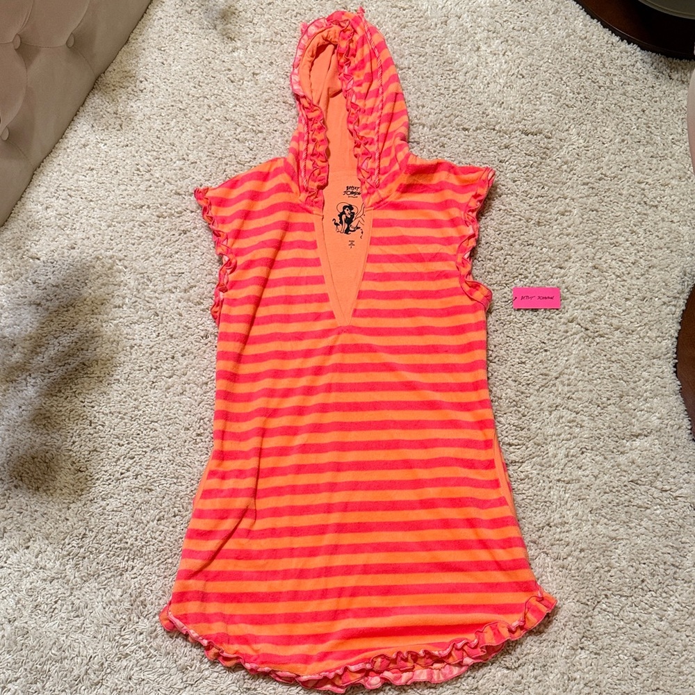 New womens Pink Orange Striped Hooded Dress coverup Betsy Johnson Small Terry